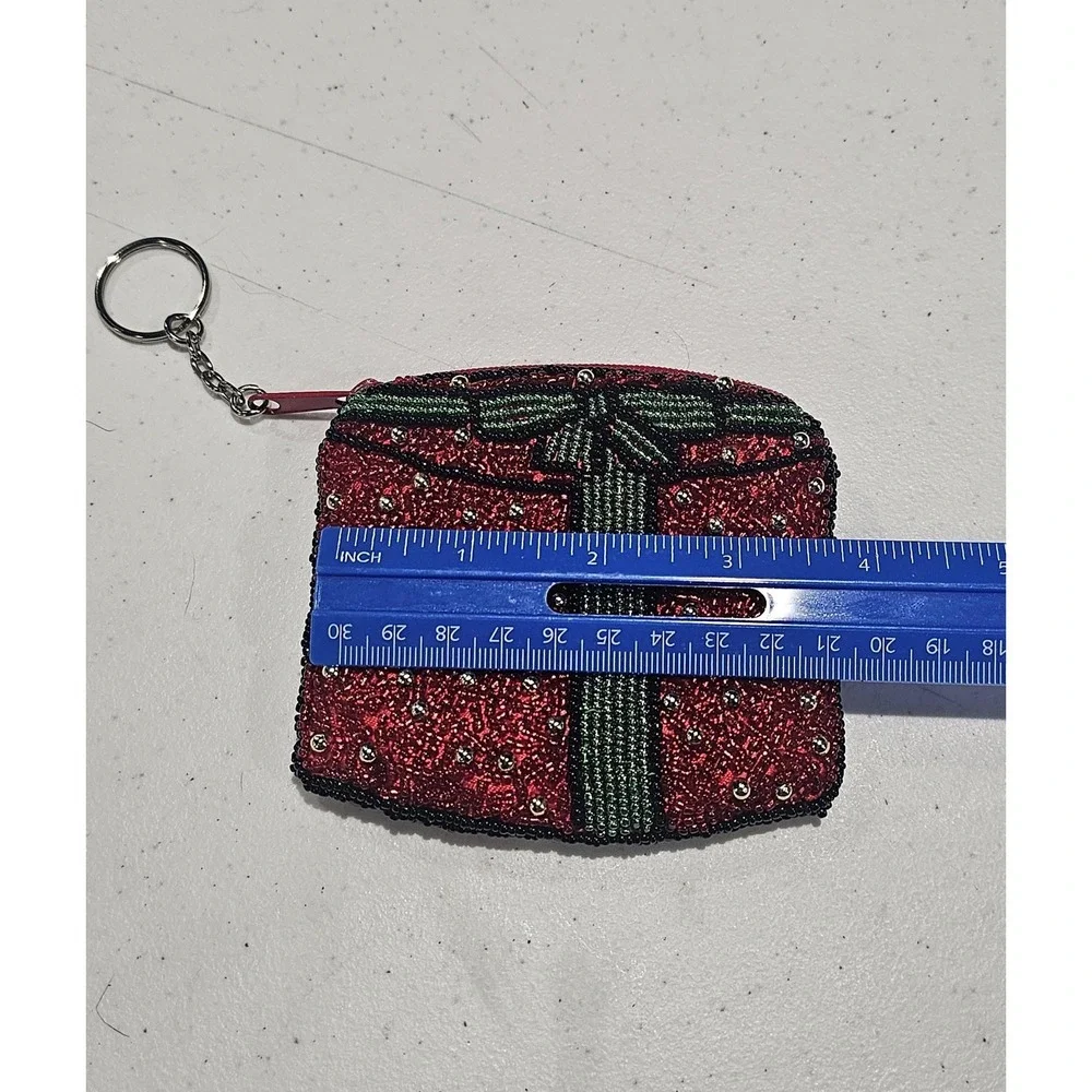 Beaded Christmas Present‎ Coin Purse Keychain Zip Pouch Red Green Holiday